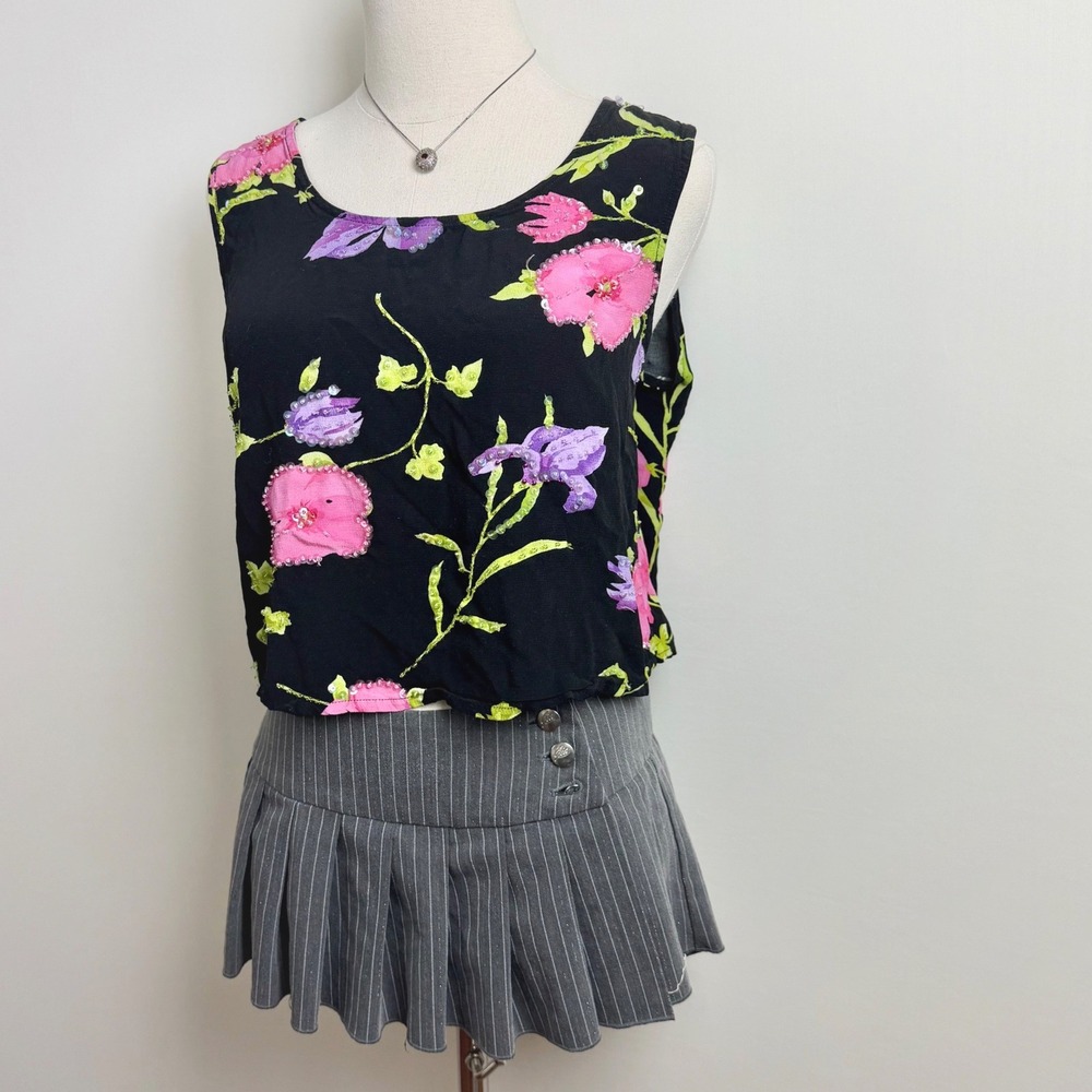 Key Lime Pie Womens M Black Floral Beaded Tank Top Y2K 90s Sleeveless Crop - Picture 5 of 9
